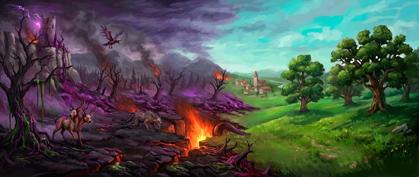Blighted country on the left, lava in the rock and corrupted beasts among dead trees, giving way to green hills and a village the corruption has not reached.
