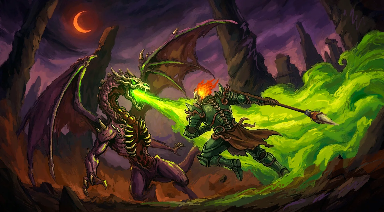 A knight whose helm burns with open flame drives a spear at a winged dragon. The dragon's green breath and the knight's fire meet between them, under a red crescent moon.