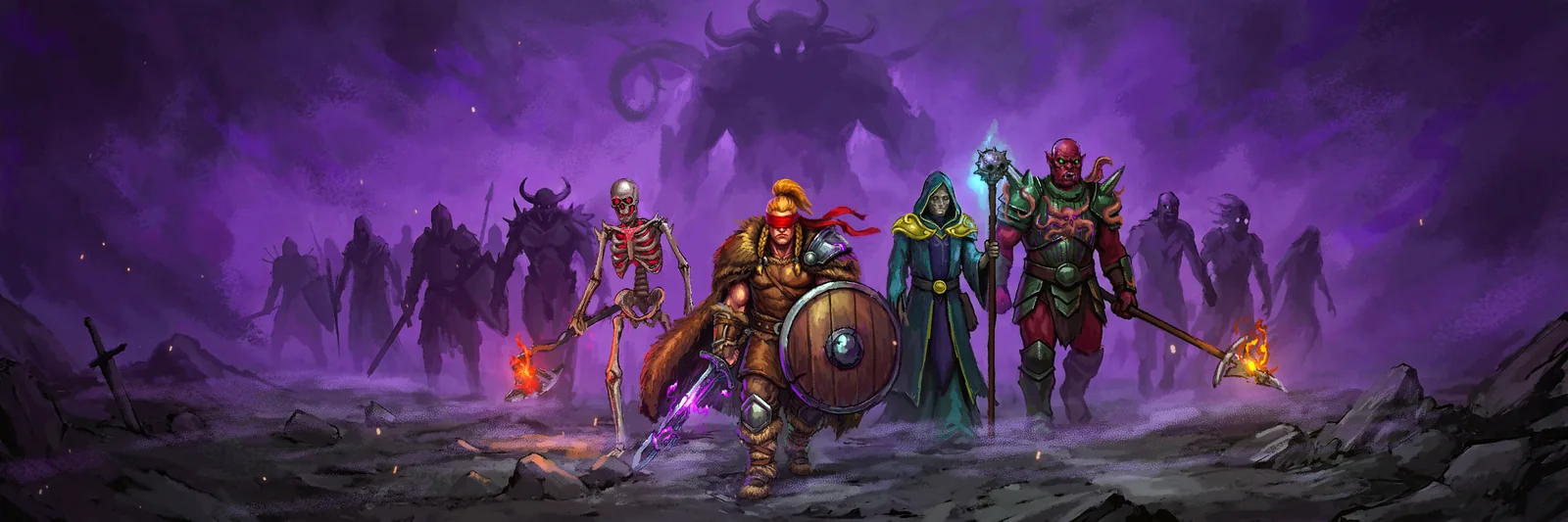 Four figures walking out of the purple mist together: a skeleton trailing a burning axe, a blindfolded warrior with sword and shield, a hooded mage, and an armoured orc. A horned giant looms behind them in the smoke.